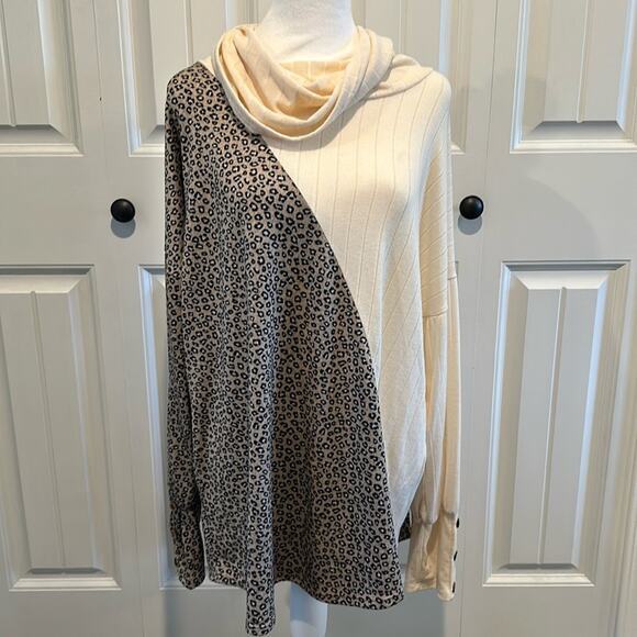 Lovely Melody Cream Leopard Print Mixed Media Cowlneck Sweater Top NWOT - Picture 1 of 13